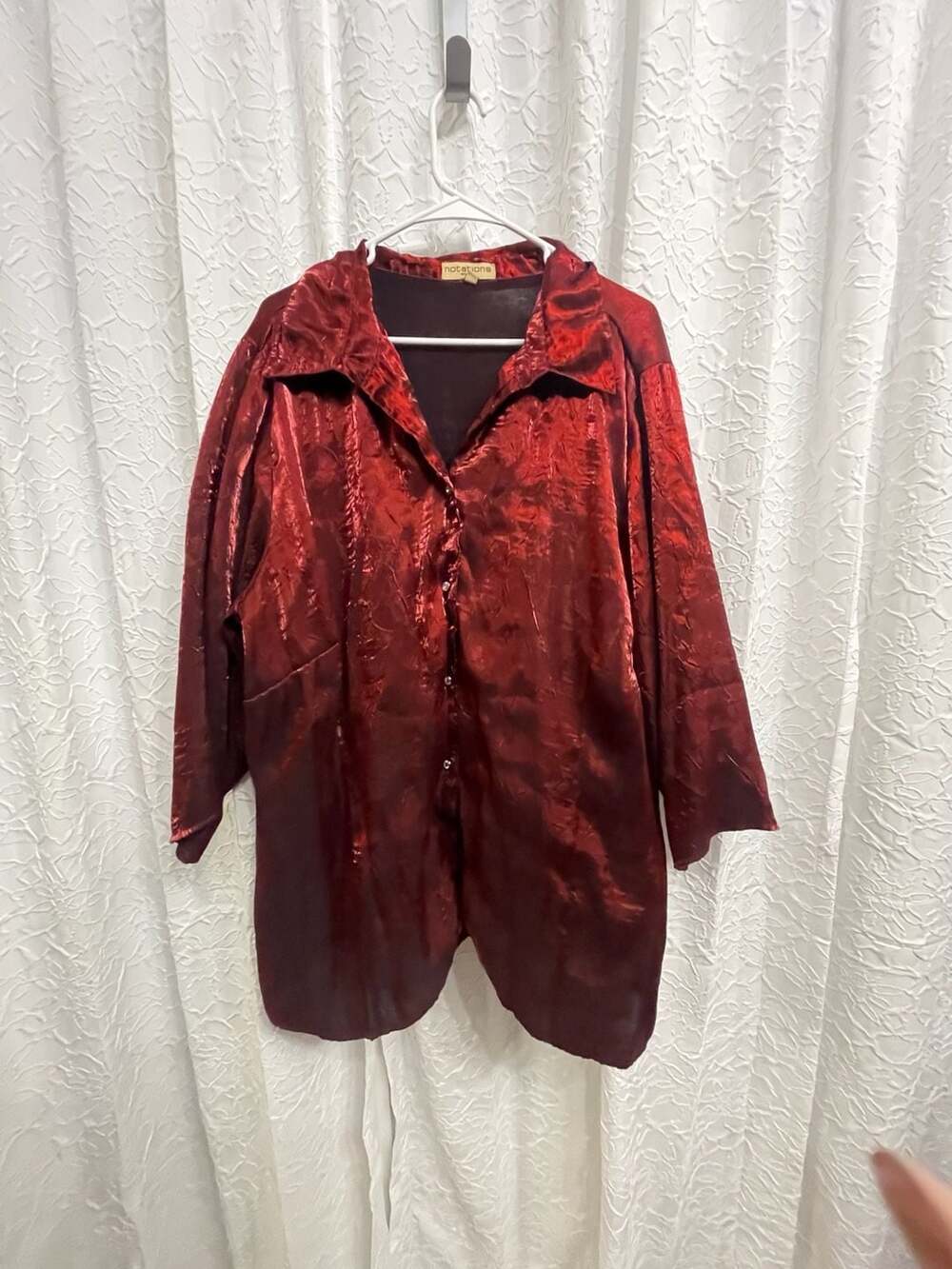 VTG Notations Woman Crushed Metallic Button Down Shirt Size 3X Red Long Sleeve